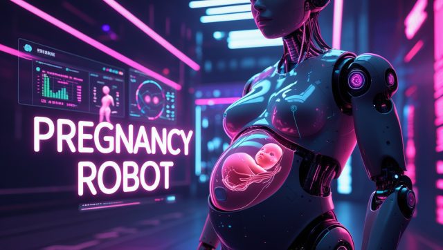 Cyberpunk digital illustration of a humanoid pregnancy robot with a glowing artificial womb, neon pink and purple lighting, AR biometric overlays, and futuristic medical technology at a robotics expo.