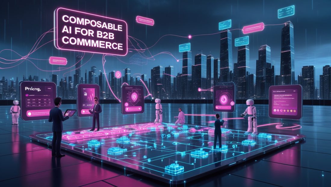 Stylized headline reading "Composable AI for B2B Commerce" in bold, futuristic font with a clean, tech-inspired orange gradient background—evoking innovation and digital transformation in enterprise commerce.