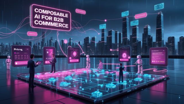 Stylized headline reading "Composable AI for B2B Commerce" in bold, futuristic font with a clean, tech-inspired orange gradient background—evoking innovation and digital transformation in enterprise commerce.