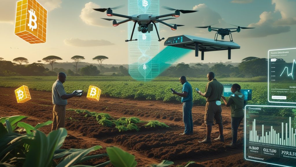 Blockchain-based carbon accounting with drones and soil testing in African farmland, showing data verification protocols, community training, and environmental monitoring technology in 2025.