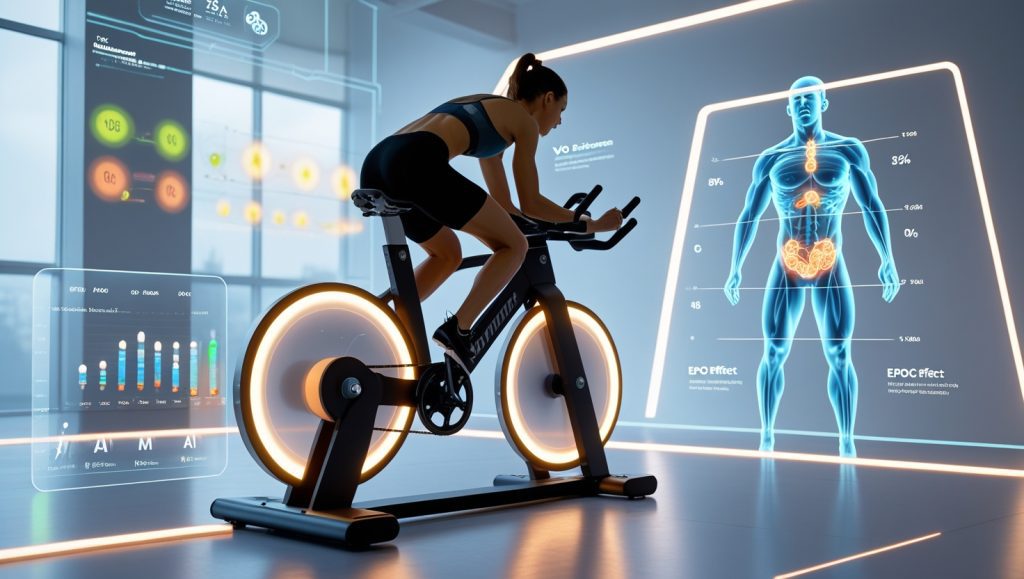 AI-powered REHIT exercise bike in futuristic fitness lab showing user in high-intensity sprint with visualizations of glycogen depletion, AMPK activation, and VO2 max improvement