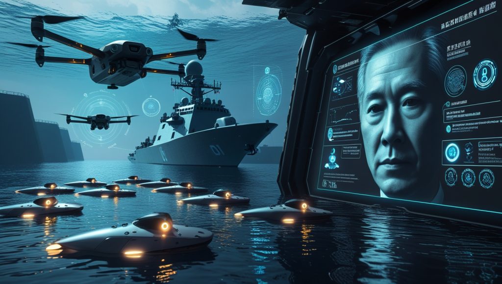 Autonomous underwater vehicles patrolling ocean depths near Taiwan Strait using AI swarm intelligence and acoustic signature detection, with holographic cybersecurity systems displaying blockchain-based biometric deepfake countermeasures in a futuristic naval defense setting.