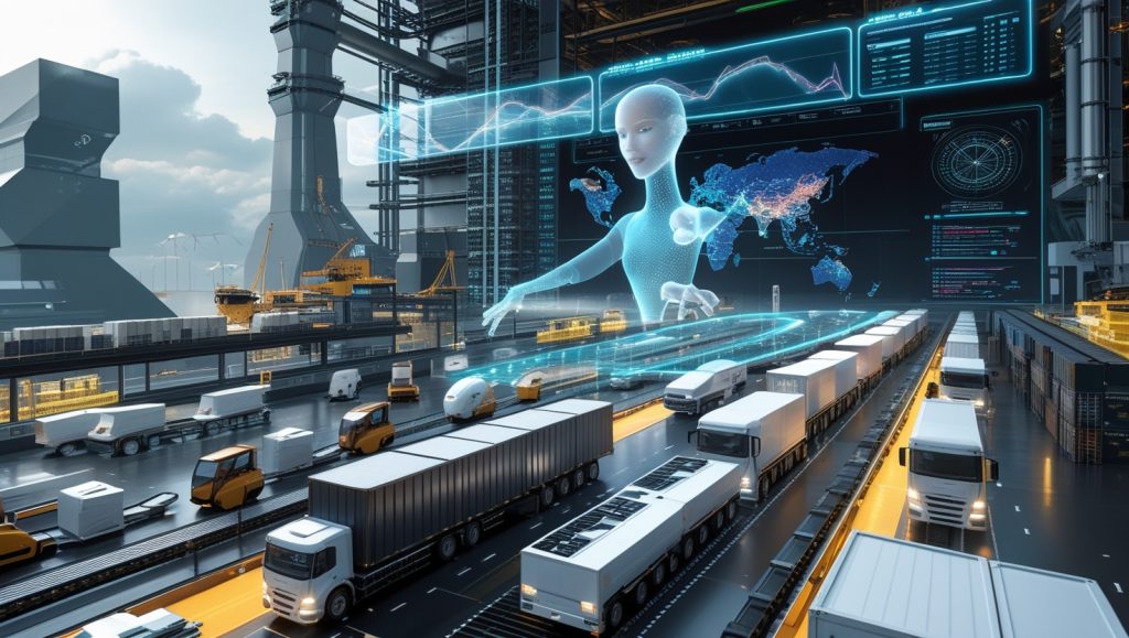Futuristic logistics hub managed by agentic AI with autonomous vehicles, drones, and real-time data streams from IoT sensors, weather, and geopolitical sources for optimized supply chain management