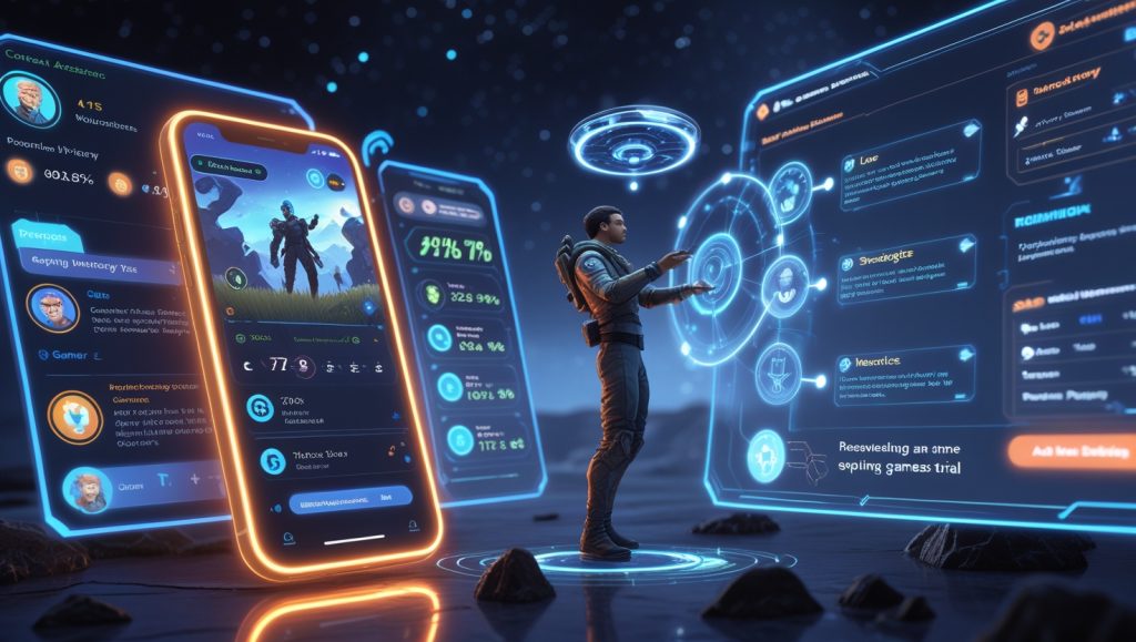 Futuristic AI gaming assistant interface on smartphone displaying real-time tips, personal game stats, and holographic overlays from a sci-fi game, representing Microsoft's AI-powered mobile game assistant revolution.