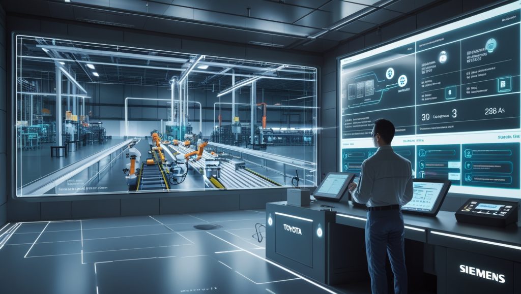 AI-powered industrial deployment showing digital twin simulations, phased hardware rollout, and real-time regulatory compliance in a smart factory environment using O3-pro system