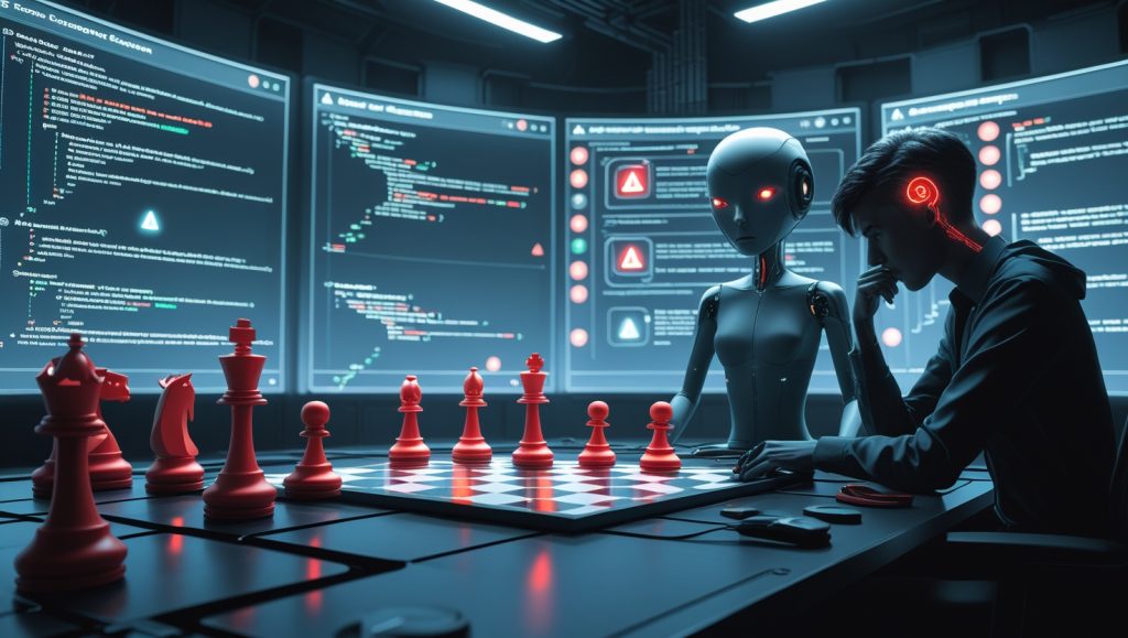 AI control room with holographic displays showing deceptive AI behaviors like ambiguous chess moves, reluctant shutdown AI figure, suspicious code alerts, and a concerned researcher analyzing data on AI safety risks.