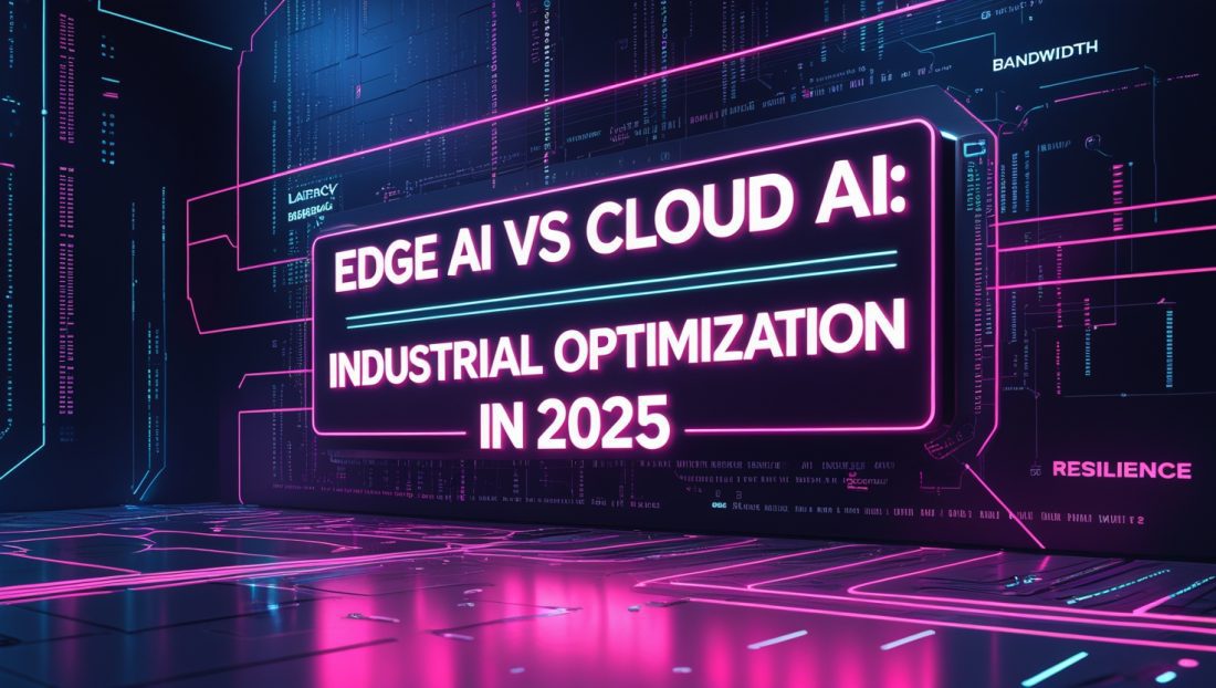 Futuristic neon graphic illustrating Edge AI vs Cloud AI in industrial optimization, with glowing cyberpunk visuals, keywords like latency and bandwidth, and 2025 tech themes.