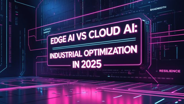 Futuristic neon graphic illustrating Edge AI vs Cloud AI in industrial optimization, with glowing cyberpunk visuals, keywords like latency and bandwidth, and 2025 tech themes.