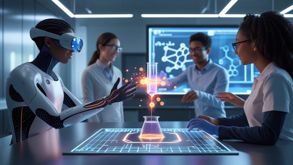 Students using telepresence haptic avatars and a Teslasuit in a virtual laboratory to assemble microchips and feel simulated chemical reactions, showcasing immersive hands-on STEM learning