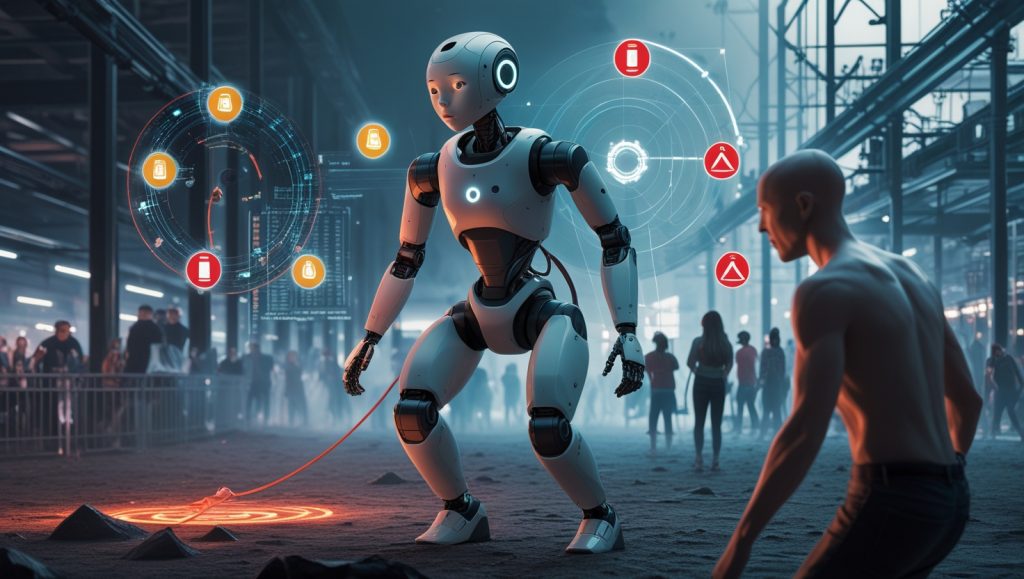 Humanoid robot navigating a chaotic real-world environment with glitching sensors like LiDAR and cameras, tangled tether cables, powerful actuators with safety warnings, and a cautious human nearby, illustrating sensor limitations, safety risks, and the uncanny valley effect in humanoid robot deployments outside controlled labs.