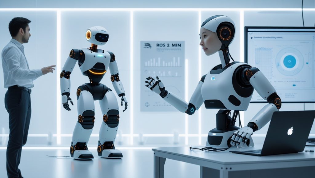 HopeJR humanoid robot with modular limbs and energy-efficient actuators alongside Reachy Mini desktop robot with expressive neck joints and AI testing setup in a modern robotics lab