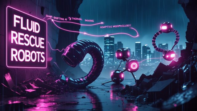 Fluid rescue robots made of liquid metal morphs through rubble in a neon-lit disaster zone, showcasing 2025 search-and-rescue technology with modular drones and thermal imaging sensors.