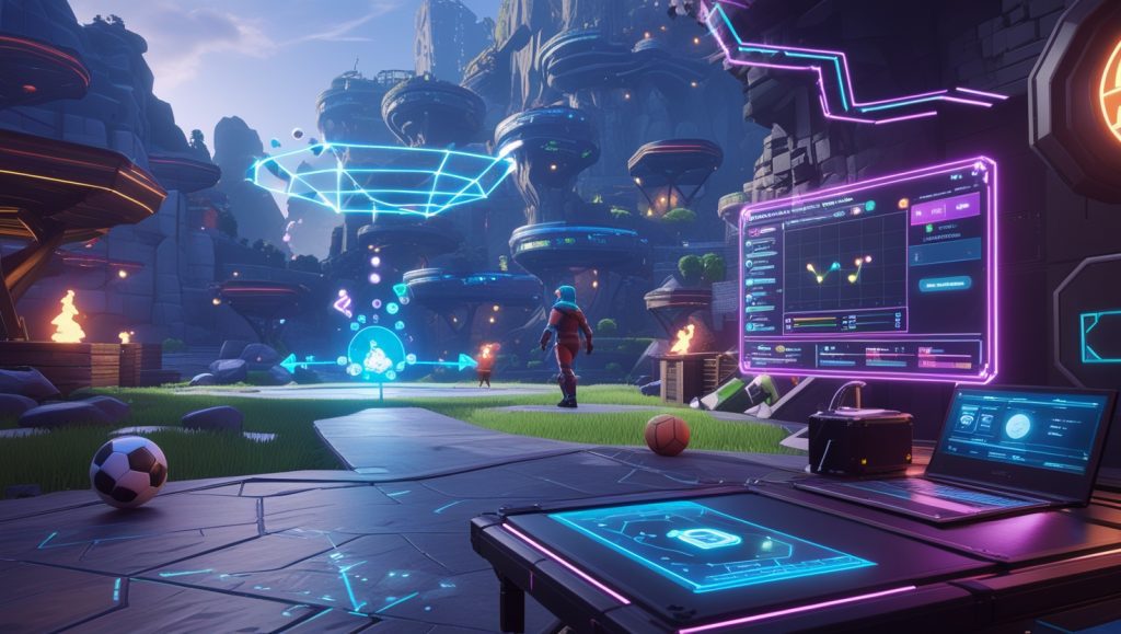 Fortnite next-gen game design showcasing multi-genre world with Metroidvania quests, physics-based sports mechanics, and live player data analytics on futuristic HUD, highlighting advanced scene graph and GPU technology