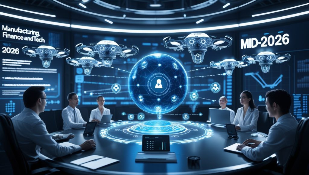 Futuristic control center showing federated learning network with AI data streams shared across industries, symbolizing cross-industry fraud detection, AI compliance for crypto payments, and 2026 regulatory shift.