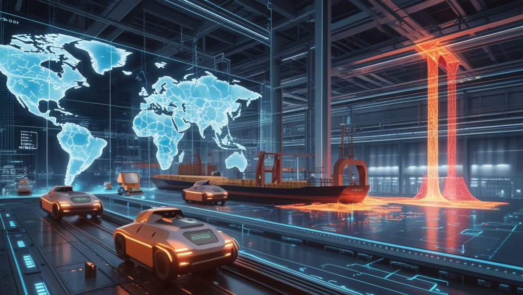 Futuristic industrial control center with AI managing autonomous supply chains, holographic maps showing dynamic rerouting, and generative AI simulations of factory fires and structural stress for proactive risk management in 2027.