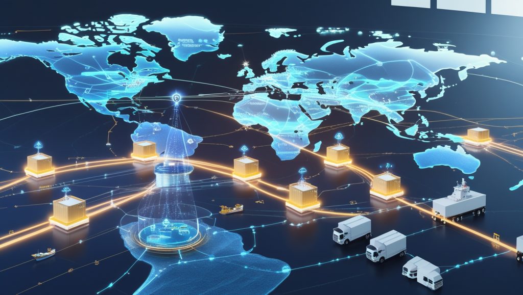 Futuristic AI-powered global supply chain control hub with quantum computing nodes, blockchain-integrated cargo tracking, and autonomous vehicles managing real-time logistics across continents