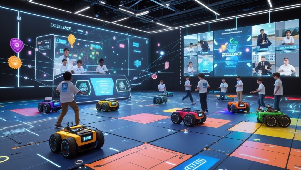 Futuristic VEX IQ Robotics Competition with AI judging, augmented reality game field, and virtual teams participating remotely in a vibrant arena