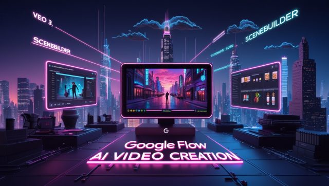 AI video creation with Google Flow showing futuristic cityscape and digital filmmaker interface
