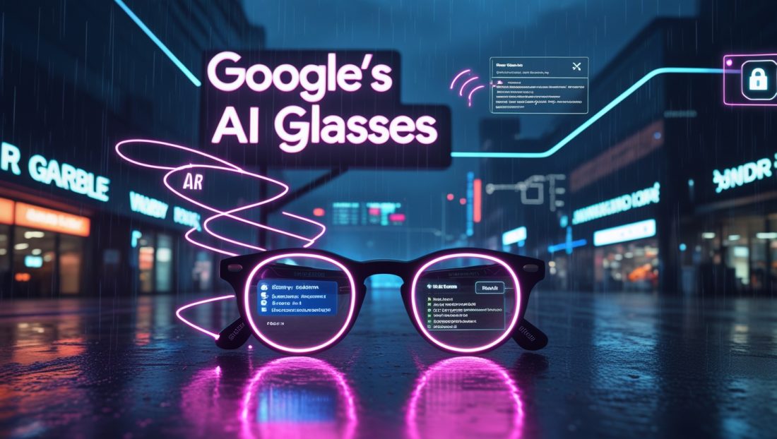 Illustration of Google's AI Glasses by Warby Parker with Gemini AI and Android XR, showing augmented reality translation, navigation, and smart features in a futuristic neon-lit cityscape.