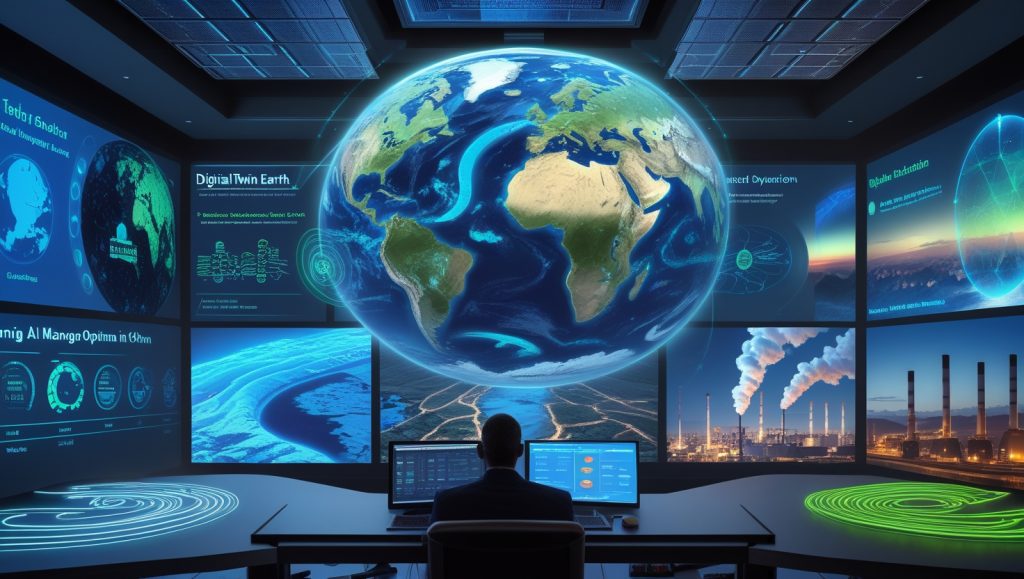 Futuristic AI-powered command center using digital twin simulations for predictive governance, showing real-time policy impact analysis, environmental resource management in Cape Town, and ethical tradeoffs from AI-optimized traffic increasing coal plant use in Omaha.