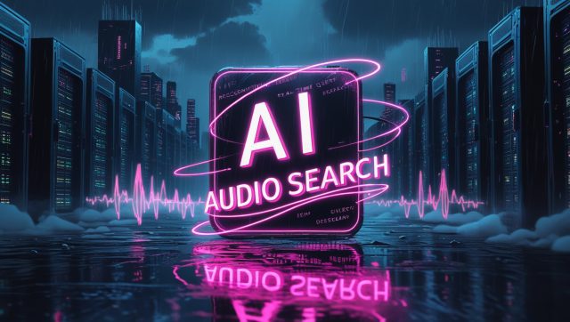 Futuristic neon illustration showcasing "AI Audio Search" with glowing soundwaves and digital code, symbolizing advanced voice-driven industrial technology in 2025.