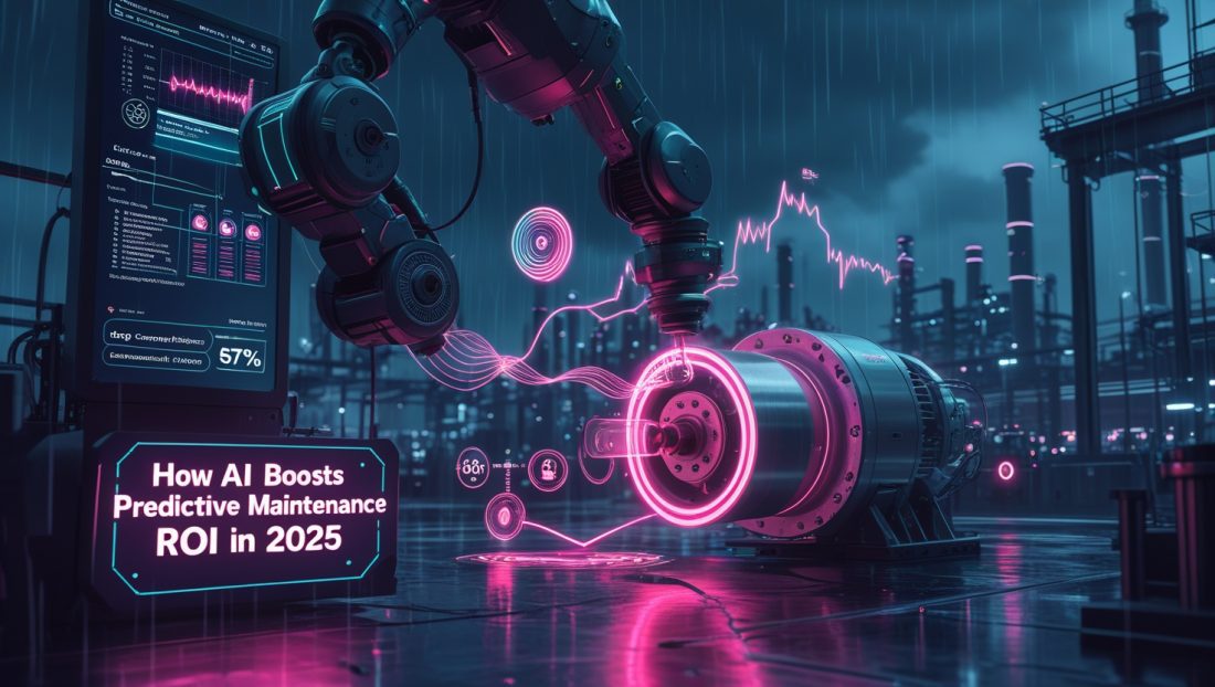Cyberpunk-style neon illustration of AI-powered predictive maintenance in 2025 featuring a robotic arm with vibration sensors and thermal camera analyzing an industrial motor, with holographic ROI and downtime reduction data overlays on a futuristic factory floor