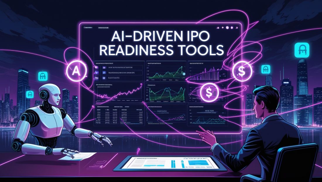 Futuristic digital illustration of AI-driven IPO readiness tools in 2025, featuring holographic dashboards, automated financial compliance, predictive analytics, and a neon-lit city skyline symbolizing AI-powered IPO strategy and SEC preparation