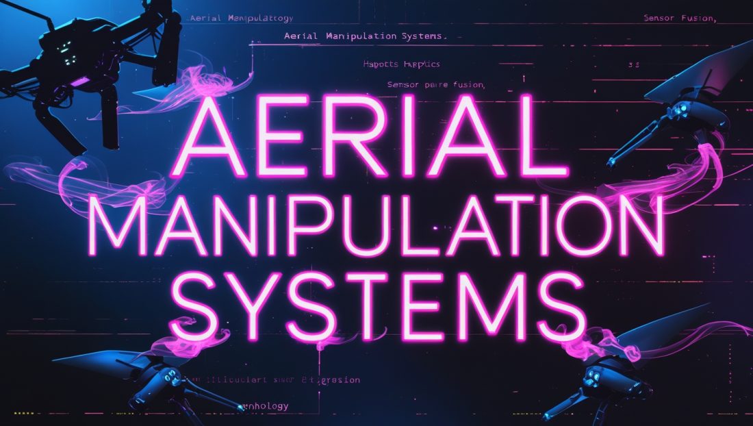 Futuristic neon illustration featuring the text 'Aerial Manipulation Systems' with cyberpunk-style glowing typography, surrounded by data streams and robotic drone arm silhouettes, symbolizing advanced industrial robotics in 2025.