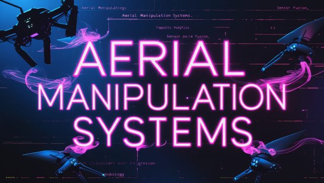 Futuristic neon illustration featuring the text 'Aerial Manipulation Systems' with cyberpunk-style glowing typography, surrounded by data streams and robotic drone arm silhouettes, symbolizing advanced industrial robotics in 2025.