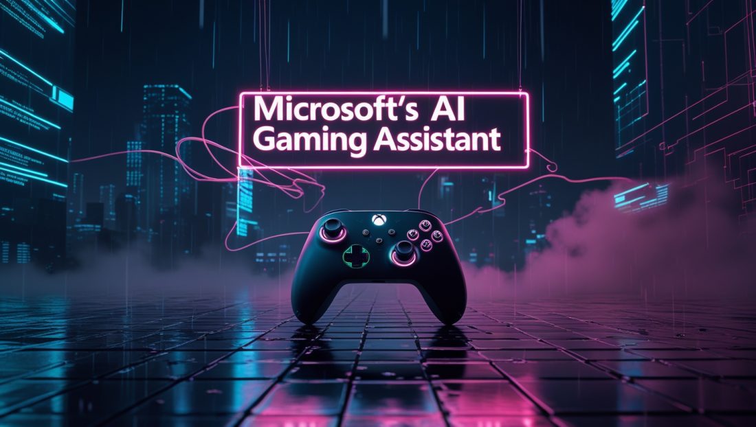 Futuristic digital illustration of Microsoft's AI Gaming Assistant with neon blue and pink lights, gaming controller, and cyberpunk city background symbolizing next-gen AI-driven gameplay experience in 2025.
