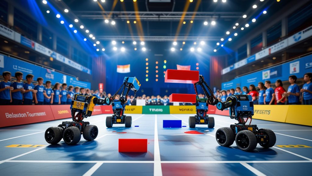 VEX IQ Robotics competition with student-designed robots stacking colorful beams on a 6x8 game field during teamwork and autonomous challenges, surrounded by international teams and cheering crowds in a tournament hall