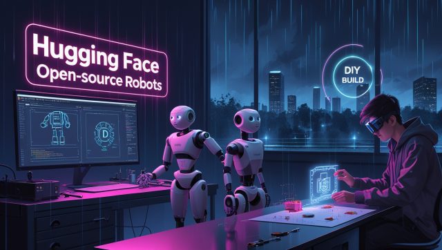 HopeJR and Reachy Mini open-source robots by Hugging Face in a neon-lit university lab, symbolizing affordable robotics innovation for students and startups in 2025