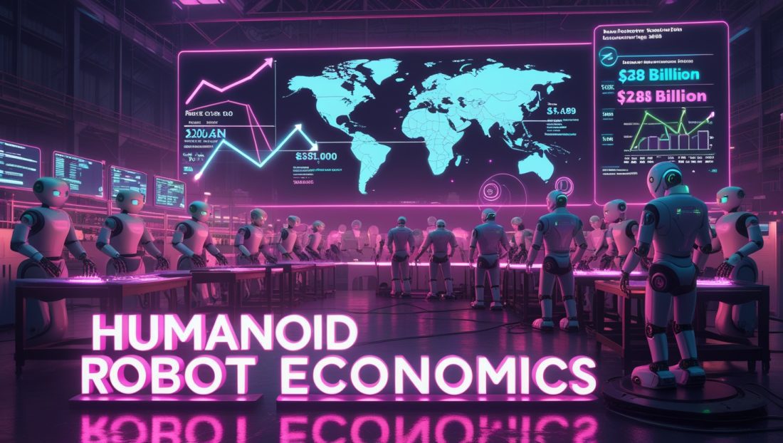 Cyberpunk digital illustration of humanoid robots performing industrial tasks under neon pink and purple lighting, with glowing “Humanoid Robot Economics” text, economic charts, and data overlays showing market growth projections and labor automation trends.