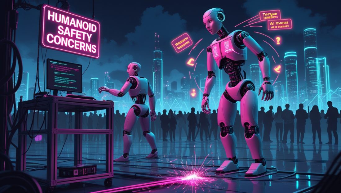 Humanoid robot safety concerns illustrated by malfunctioning robots with torque warnings and engineers managing emergency overrides in a neon-lit futuristic factory setting.