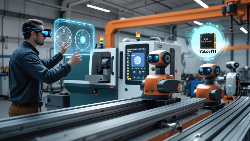 Technician using AR glasses with digital twin interface on factory floor; retrofitted CNC machine with modular vision kit; autonomous robots using vision sensors; edge AI chips optimizing legacy hardware with YOLOv11 model
