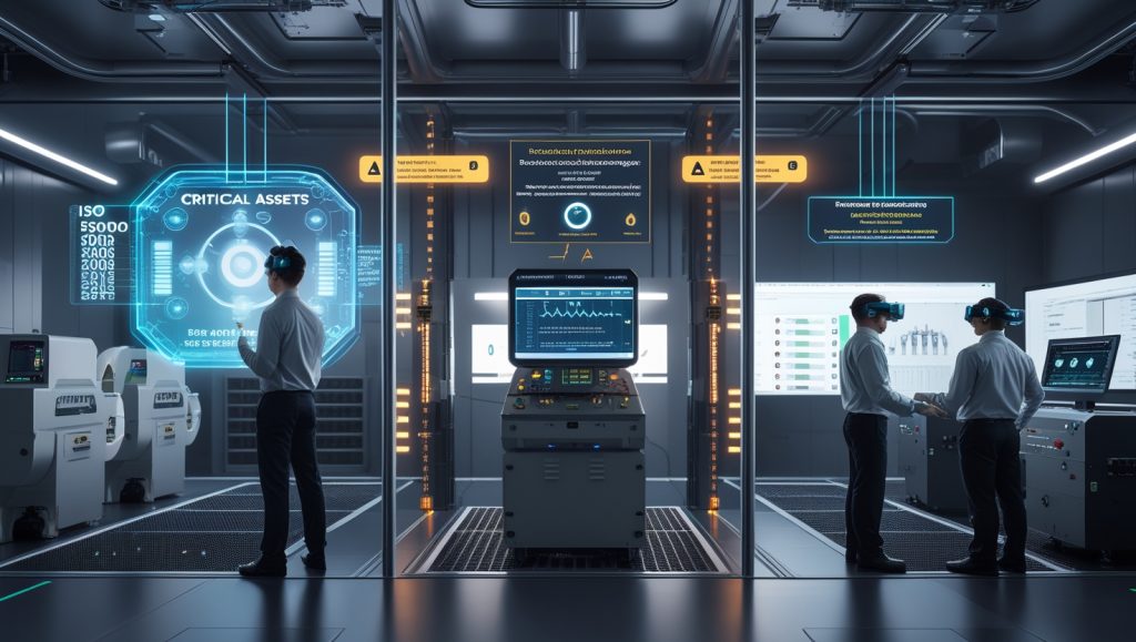 Futuristic industrial control room showing AI-powered predictive maintenance workflow, with technicians using holographic asset prioritization matrices, sensor calibration interfaces, and augmented reality tools for efficient equipment repair.