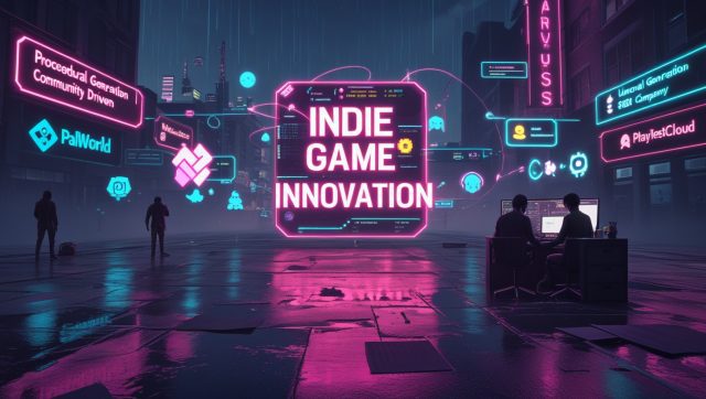 Indie game innovation concept art featuring neon-lit cityscape, small dev studio setup, and holographic displays showing viral indie game success and tools like Unreal Engine and AI-driven development in contrast to AAA game budgets