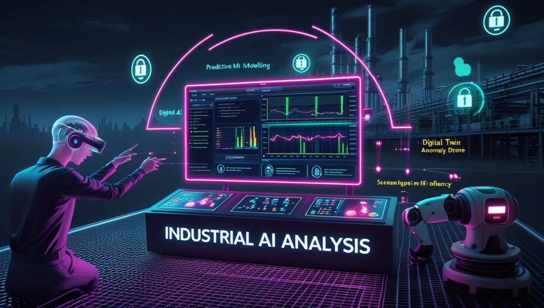 Futuristic industrial factory with AI-powered robots, predictive maintenance dashboards, and a neon "Industrial AI Analysis" sign, symbolizing 2025 smart manufacturing and operational efficiency.
