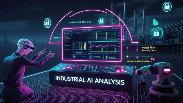 Futuristic industrial factory with AI-powered robots, predictive maintenance dashboards, and a neon "Industrial AI Analysis" sign, symbolizing 2025 smart manufacturing and operational efficiency.