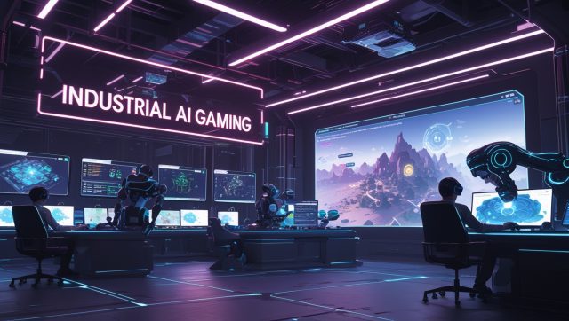 Futuristic digital illustration of an AI-powered game development lab with glowing neon "Industrial AI Gaming" text, holographic monitors showing adaptive NPC behavior and evolving game environments, robotic arms generating assets, and developers using augmented reality headsets — all in a dark, cyberpunk-inspired smart studio.