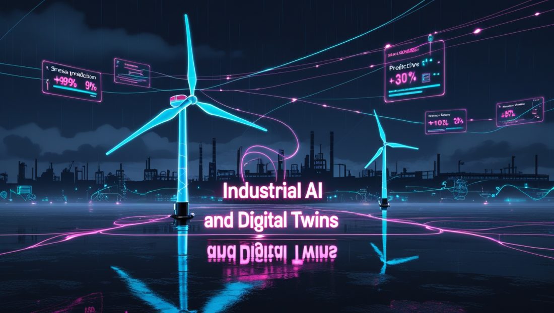 Cyberpunk digital illustration of Industrial AI and digital twins in 2025: neon‑lit wind turbine with holographic twin, IoT data streams, predictive maintenance metrics, and connected factory skyline