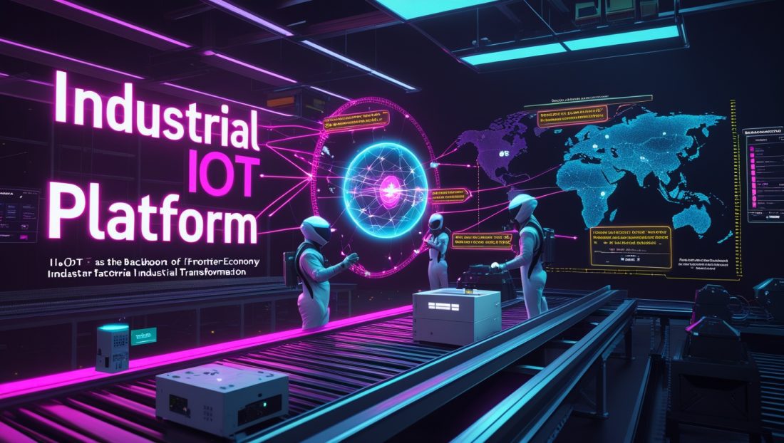 Dark neon illustration of an Industrial IoT Platform: edge gateways, AR dashboards, and sensors powering smart factories in emerging markets.