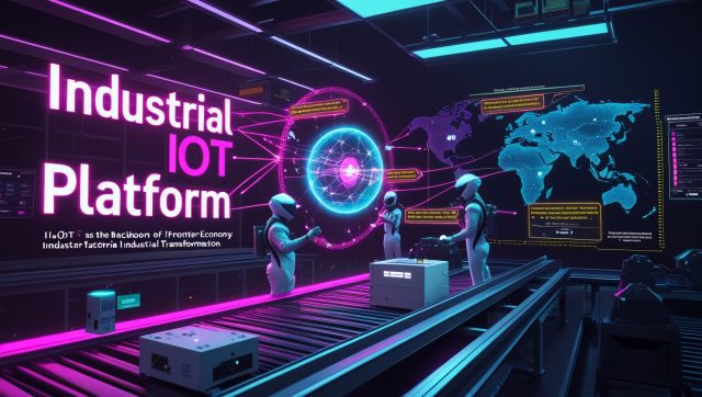 Dark neon illustration of an Industrial IoT Platform: edge gateways, AR dashboards, and sensors powering smart factories in emerging markets.