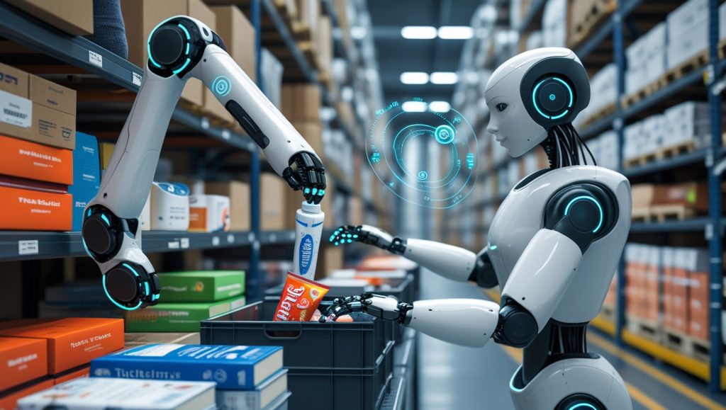 Vulcan warehouse robot using advanced tactile sensors to grip fragile and heavy items with precision, showcasing AI-driven sensory intelligence in next-generation logistics automation.