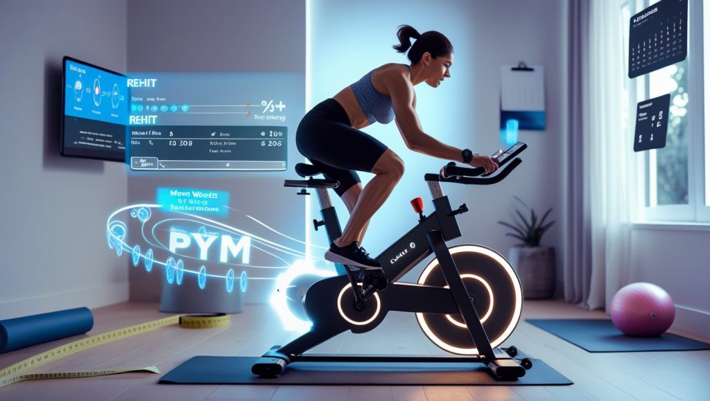 AI-powered stationary bike in a modern home gym displaying biometric data and REHIT training feedback, with user mid-sprint and elements highlighting workout consistency, proper form, and practical setup