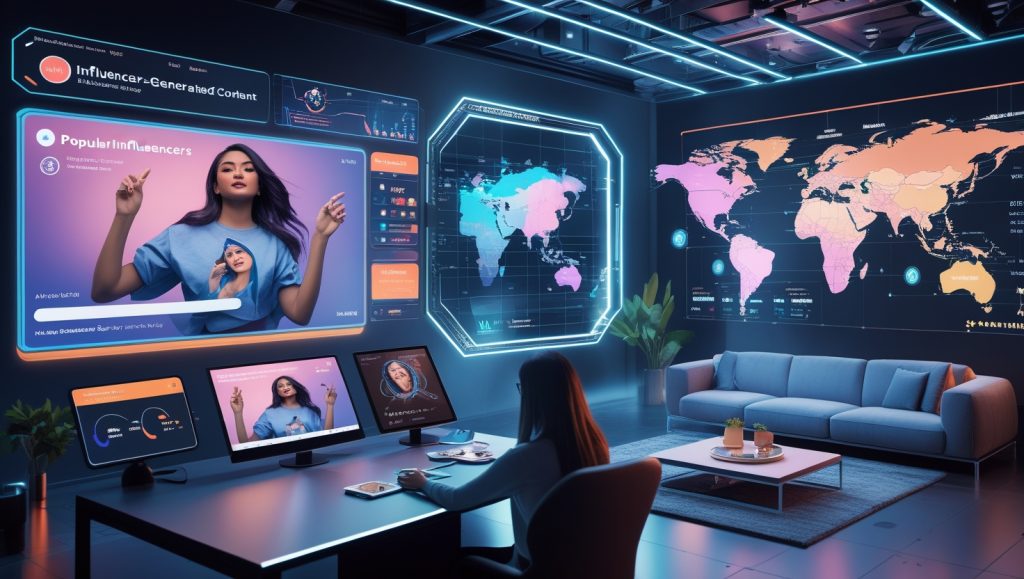 Influencer content being adapted into programmatic ads across digital platforms, including display ads and connected TV, with analytics and global targeting maps in a futuristic marketing control room