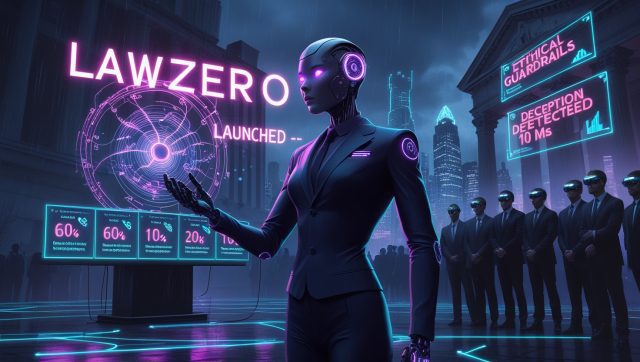 Cyberpunk digital illustration of LawZero launching its AI safety initiative, featuring a humanoid robot presenting holographic AI threat analysis, researchers monitoring deceptive AI behaviors, and futuristic cityscape symbolizing the fight against AI deception.