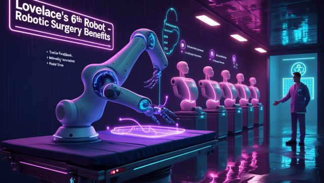 Digital illustration of Lovelace Hospital's sixth surgical robot, the da Vinci 5®, highlighting robotic surgery benefits in 2025 with neon lighting, advanced instruments, and surgeon using AR technology