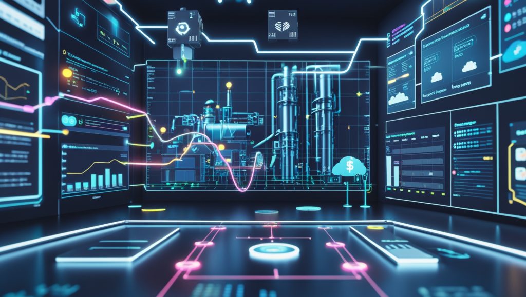 Futuristic control room with floating holographic modules representing AI-driven pricing, inventory tracking, and personalization tools, all interconnected by glowing API lines. In the background, a smart warehouse with IoT-enabled robots and a digital industrial plant displays real-time data overlays, illustrating the agility and integration of modular AI systems in business operations.