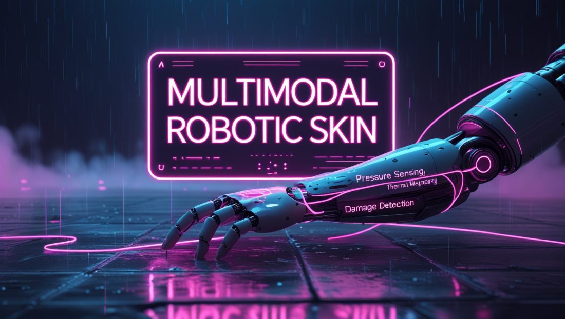 Cyberpunk illustration of multimodal robotic skin with glowing hydrogel layers, tactile sensing pathways, and futuristic neon overlays showcasing advanced industrial AI technology in 2025.